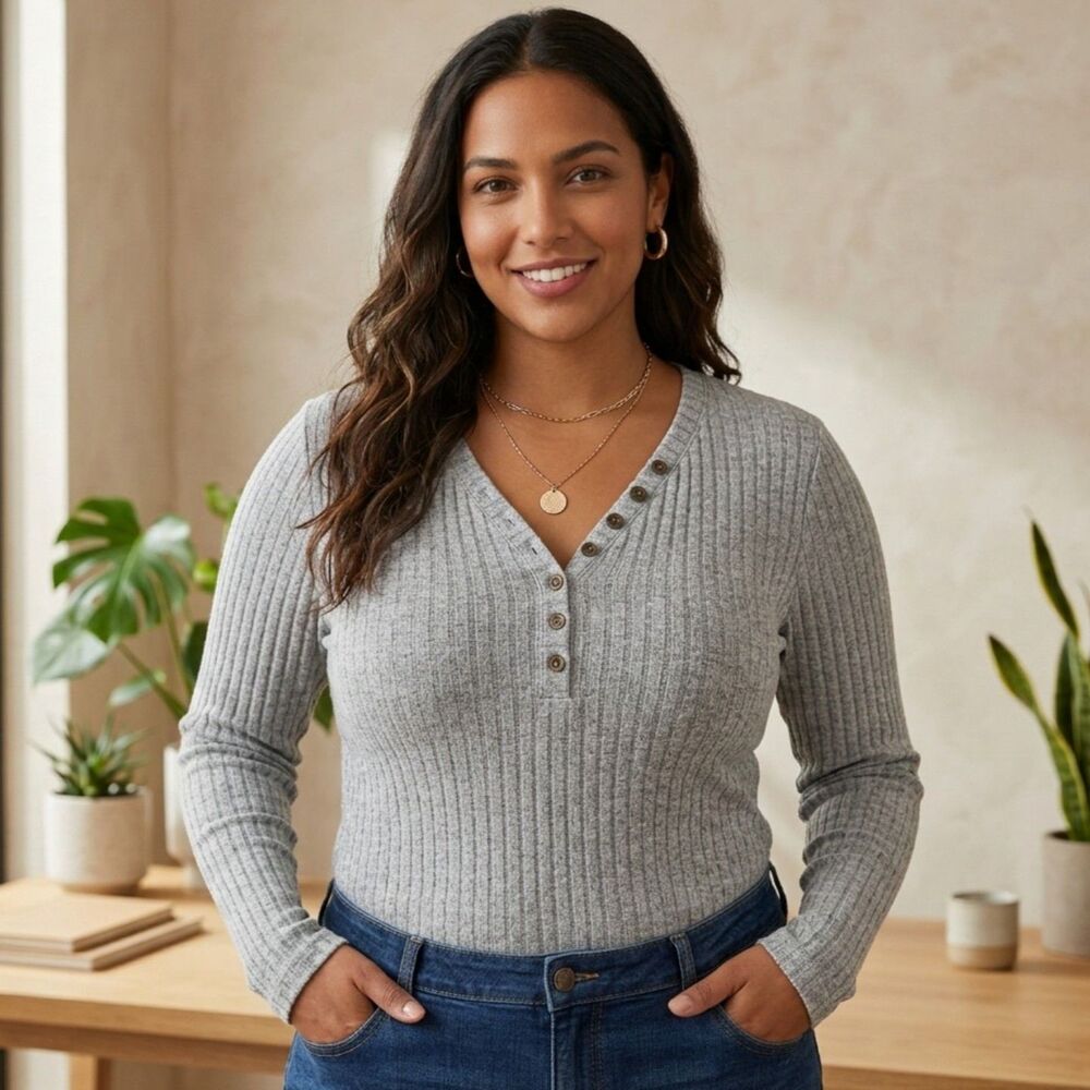 Womens XL Heather Grey Ribbed Henley Shirt Button V-Neck Long Sleeve Tee Tshirt